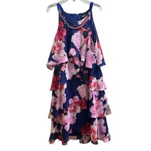 SLNY Tiered Ruffle Sleeveless Dress Floral & Navy 14 XL